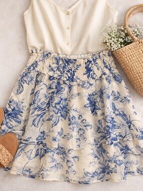 Express Blue Cream Toile Print Skirt Womens L Smocked Tiered Flowy